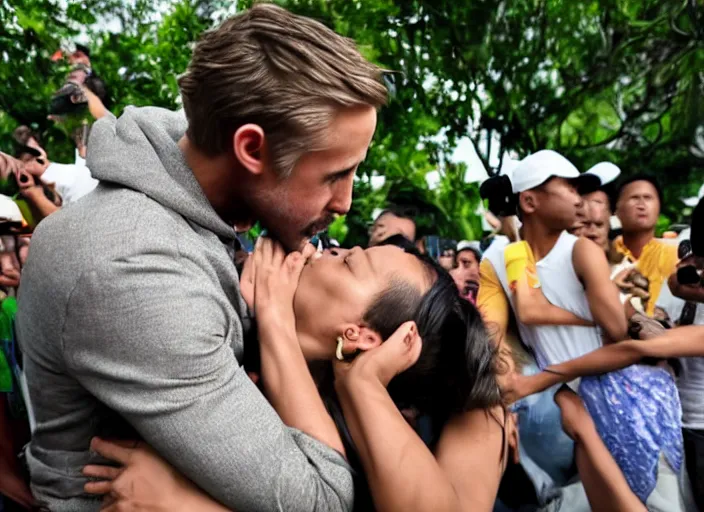 Image similar to ryan gosling kissing kanye west in luneta park, philippines, real life photograph, award winning photograph, 4 k