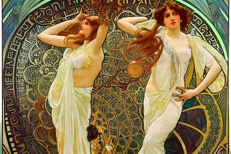 Image similar to monica lewinski as the greek goddess of second chances, painting by alphonse mucha