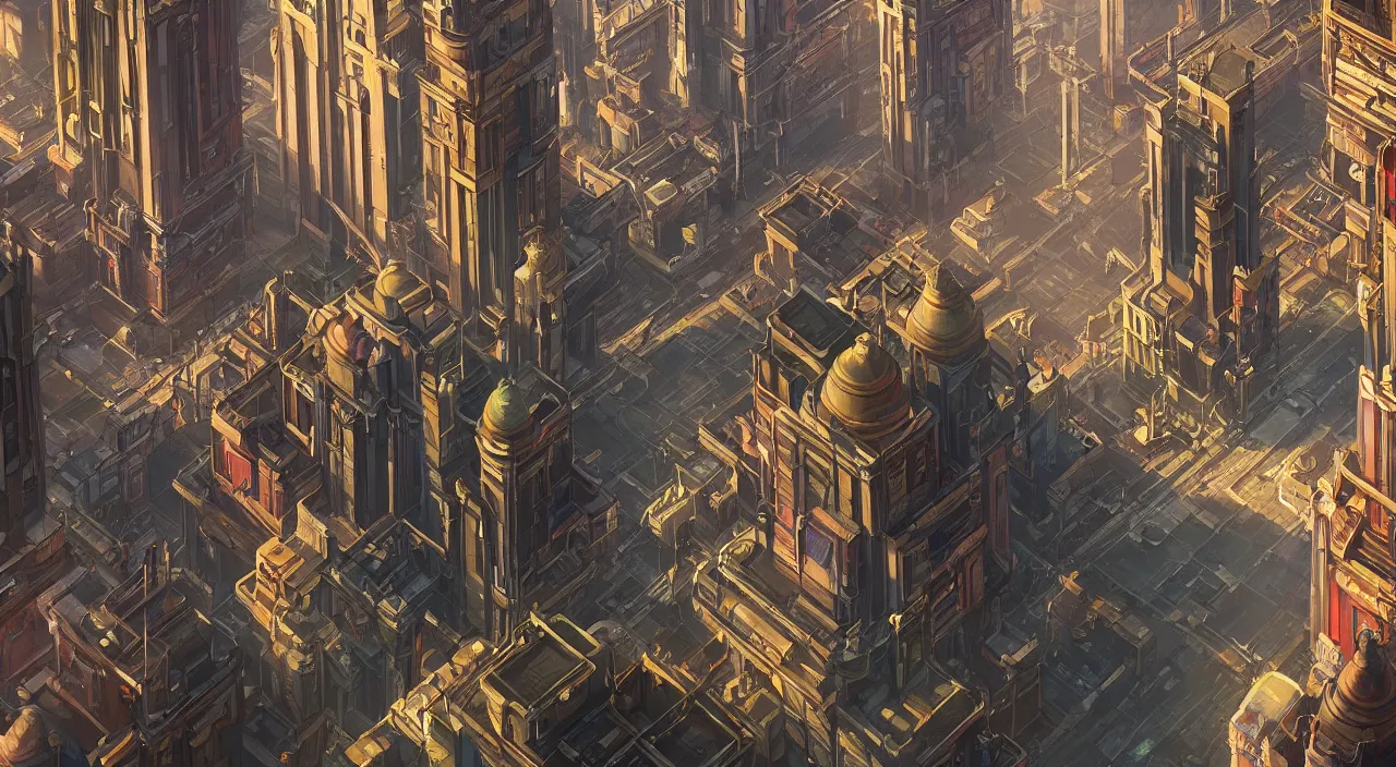 Image similar to a street level painting looking down with high detail, sci - fi colorful victorian megacity at golden hour with sharp shadows by tyler edlin and sparth, 4 k, vray, art nouveau influences. roger deakins, cinematic cinematography.