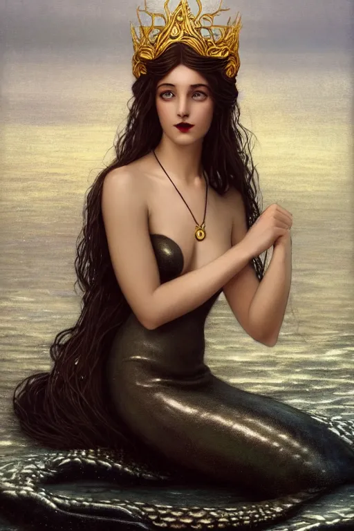 Image similar to a beautiful dark androgynous mermaid, pinup pose, long hair, tall and thin, wearing dozens of pendants and a gown of gold, small delicate crown of the sea on her head, illustration, dramatic lighting, soft details, painting oil on canvas, art nouveau, octane render, HDR, 4k, 8k, HD, by Edmund Blair Leighton, Brom, Charlie Bowater, j.c. Leyendecker, faces by otto schmidt