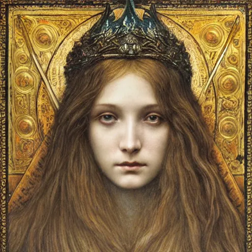 Image similar to detailed realistic beautiful young medieval queen face portrait by jean delville, brooke shaden, gustave dore and marco mazzoni, art nouveau, symbolist, visionary, gothic, pre - raphaelite, ornate gilded medieval icon, surreality