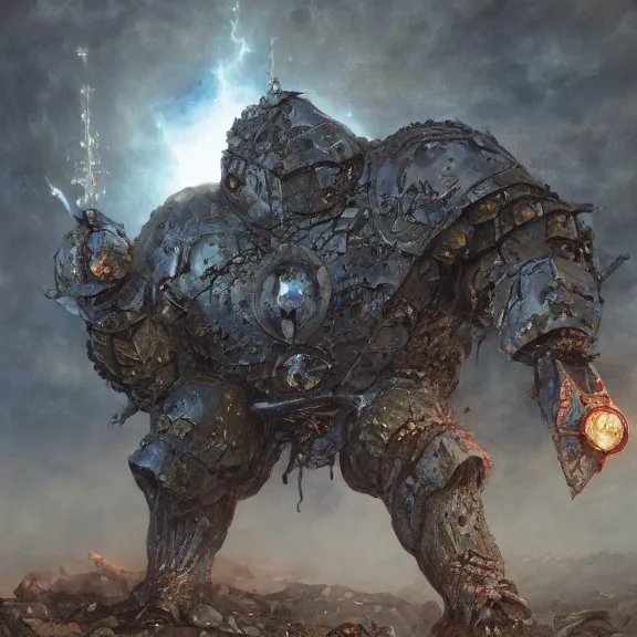 Image similar to moonstone, armoured chaos golem still frame from warhammer movie, legendary magical crystal construct by wayne barlowe, crystal golem fighting vast army by jakub rozalski, metal couture moonstone lightning elemental by malczewski