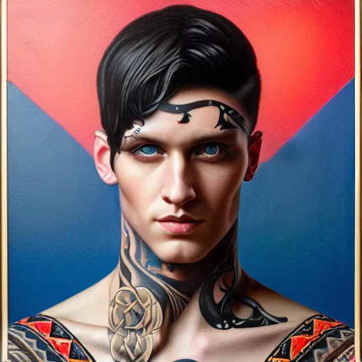 Image similar to ultra realistic portrait painting of a perfect handsome man blue eyes black hair, neck tribal snake tattoo, painted by Tristan Eaton Stanley Artgerm and Tom Bagshaw