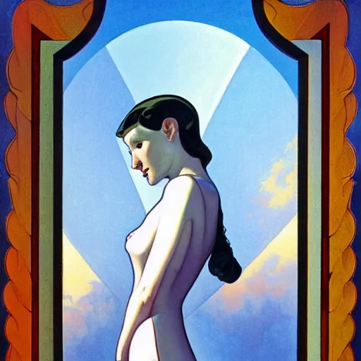 Image similar to a streamline moderne painting in the style of gerald brom, and in the style of maxfield parrish, and in the style of alphonse mucha. symmetry, smooth, sharp focus, semi - realism, intricate detail.