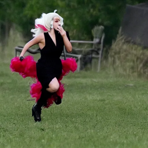 Image similar to lady gaga running away from amish mob