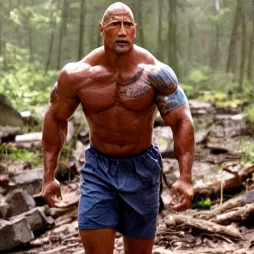 Image similar to film still of dwayne johnson as bubba gump in forest gump