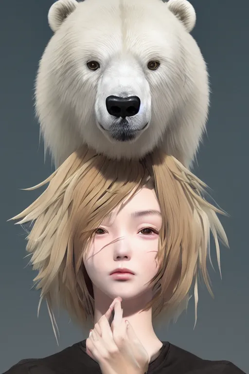 Image similar to complicated dynamic composition,realistic style at CGSociety by WLOP,ilya kuvshinov,krenz cushart ,Greg Rutkowski, trending on artstation. Zbrush sculpt colored, Octane render in Maya and Houdini VFX,realistic close-up face of cute young blonde girl, wearing a polar bear costume, deep eyes, Amazing textured brush strokes, studio lighting.