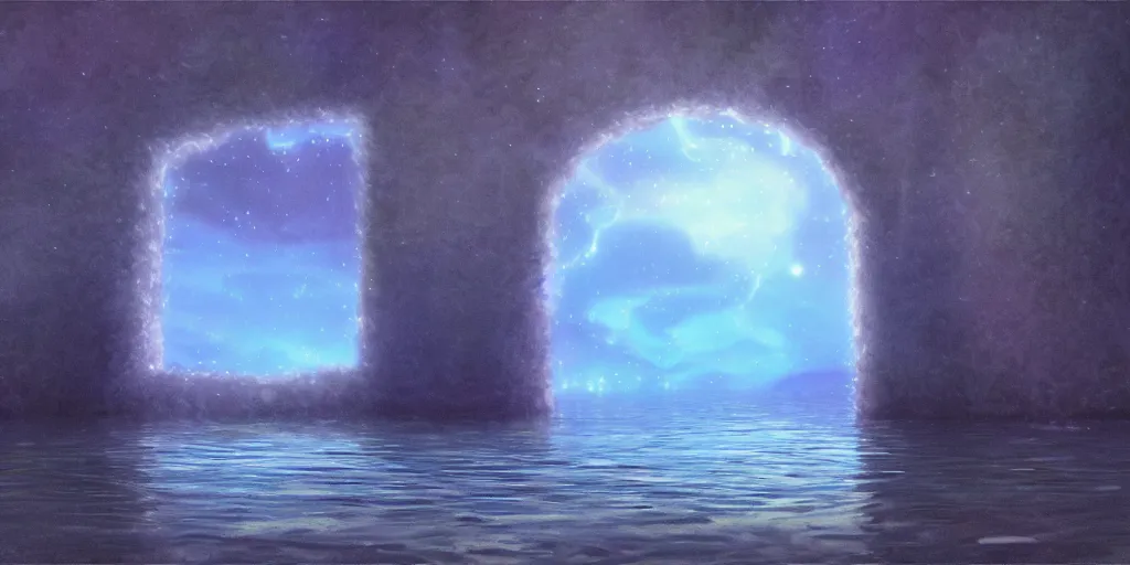 Image similar to a cell - shaded studio ghibli concept art study of a square dimensional portal doorway in a flooded desert on a misty starry night. a waterfall is flowing out of the portal. very dull colors, hd, 4 k, hq