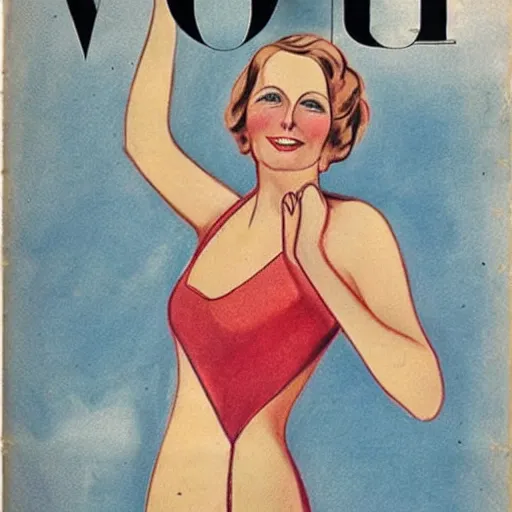 Prompt: a 1 9 2 8 cover of vogue. happy, healthy, beautiful, smiling, young, sporty, glowing greta garbo in decent swim wear. realistic detailed drawing