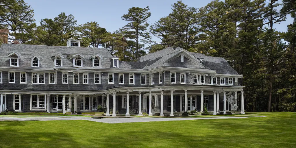 Image similar to grey brick wooden cape cod with pine trees and tile white black mansion by mcalpine house, by jackson & leroy architects