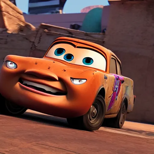 Prompt: mater from cars driving into a building, rubble, disney pixars cars, mater, unreal engine 5