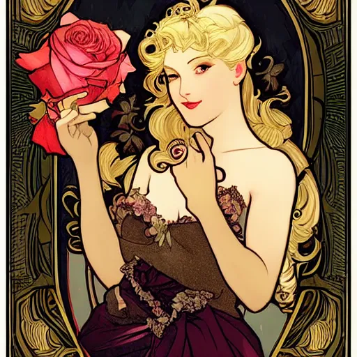 Prompt: blonde with champagne and roses. art by mucha and wlop