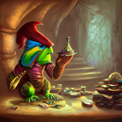 Image similar to Magic the gathering artwork of Anthropomorphized parrot trader in his shop, shelves full, selling a gem, portrait, items, magic potions, carpet, window, fancy funny hat, sly expression , cunning expression, cute expression, presenting magic gem, D&D, fantasy, cinematic lighting, highly detailed, digital painting, artstation, concept art, smooth, sharp focus, illustration, warm light, cozy warm tint, magic the gathering artwork, volumetric lighting, 8k, no gold, no gold colours, art by Akihiko Yoshida and Greg Rutkowski