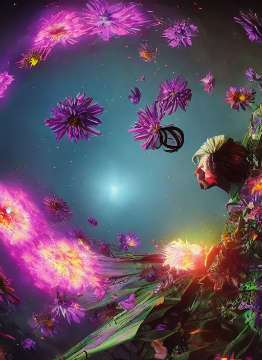 Image similar to An epic fantastic realism comic book style painting of the most beautiful spinning flower bundles into the dark cosmos, fisheye, a star explodes in flowers, unreal 5, DAZ, hyperrealistic, octane render, dynamic lighting