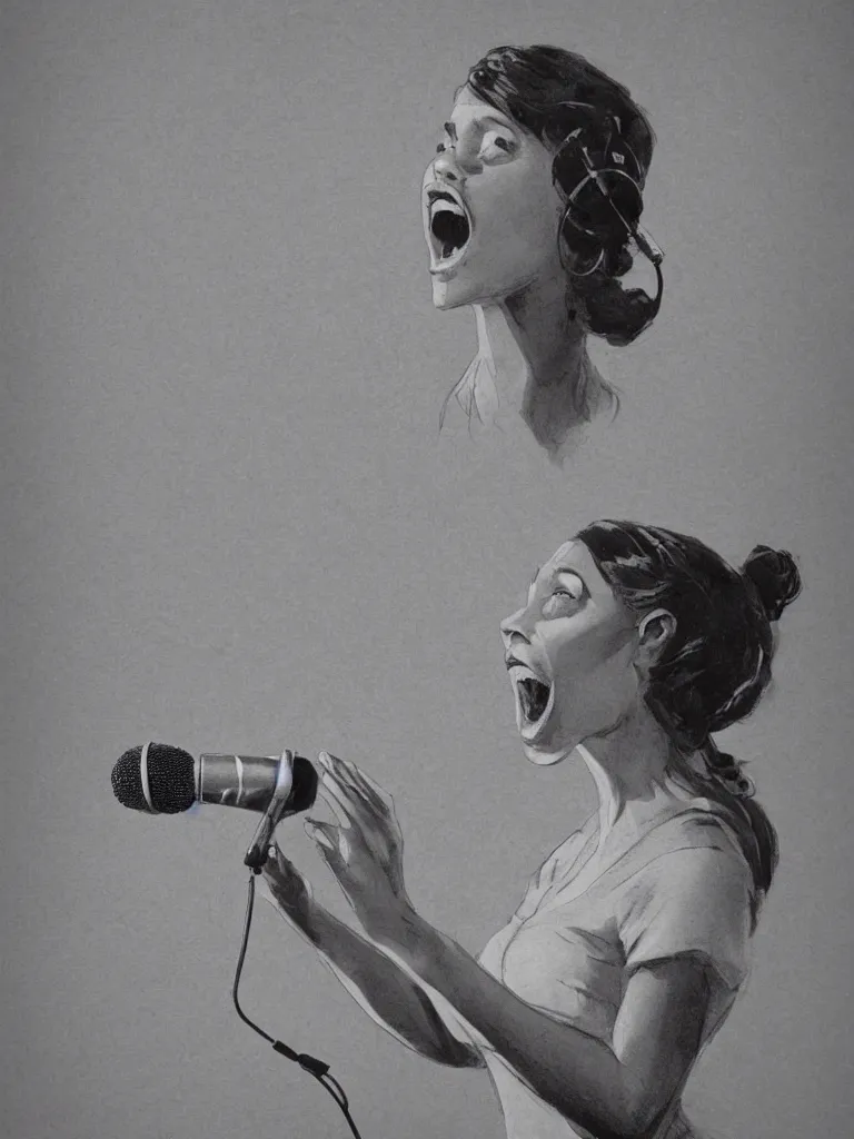 Image similar to woman singing into microphone by disney concept artists, blunt borders, rule of thirds