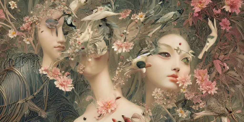 Prompt: breathtaking detailed concept art painting art deco pattern of blonde faces goddesses amalmation insects with anxious piercing eyes and blend of flowers and birds, by hsiao - ron cheng and john james audubon, bizarre compositions, exquisite detail, extremely moody lighting, 8 k