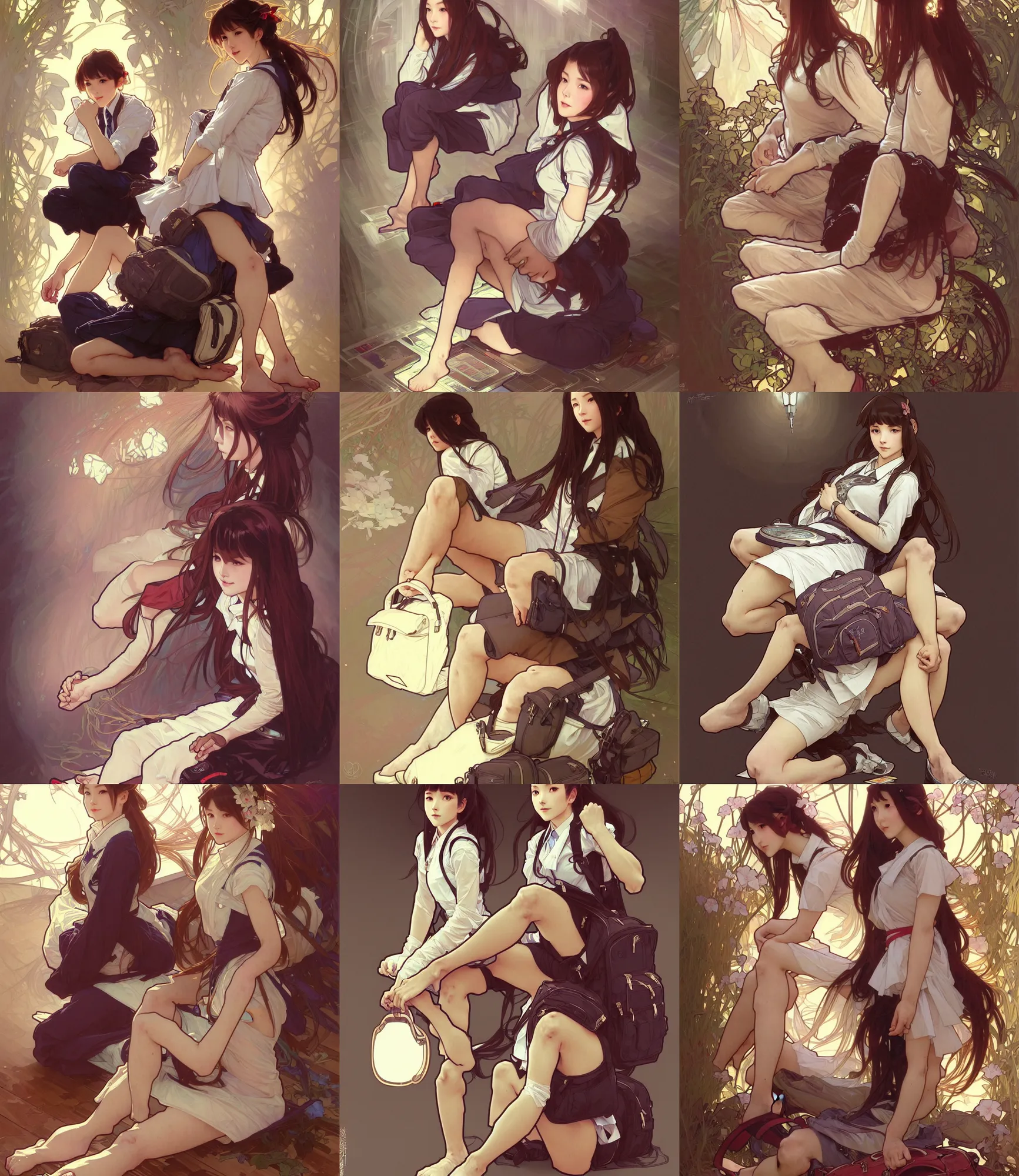 Image similar to a digital concept art by artgerm and greg rutkowski and alphonse mucha. full body!! clear portrait of a squatting attractive japanese school girl in uniform!! sit on floor!! school bag, light effect. hyper detailed, character concept, glowing lights!! intricate, elegant, digital painting, artstation, smooth, sharp focus