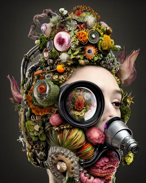 Image similar to a maximalist biomorphic portrait with with large eyes, expressive, wearing a botanical gas mask by arcimboldo, baroque, by ayami kojima, mark ryden, surrealism by dali, hauntingly surreal, statue, high fashion, focus on head, soft light, 4 k, octane high quality render