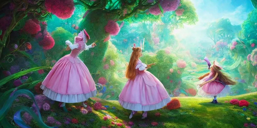 Image similar to Alice, Alice in wonderland, colorful, wide angle, super highly detailed, professional digital painting, artstation, concept art, smooth, sharp focus, no blur, no dof, extreme illustration, Unreal Engine 5, Photorealism, HD quality, 8k resolution, cinema 4d, 3D, beautiful, cinematic, art by artgerm and greg rutkowski and alphonse mucha and loish and WLOP