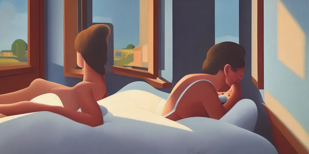 Prompt: sad girl on the bed, looking outside, summer evening, kenton nelson