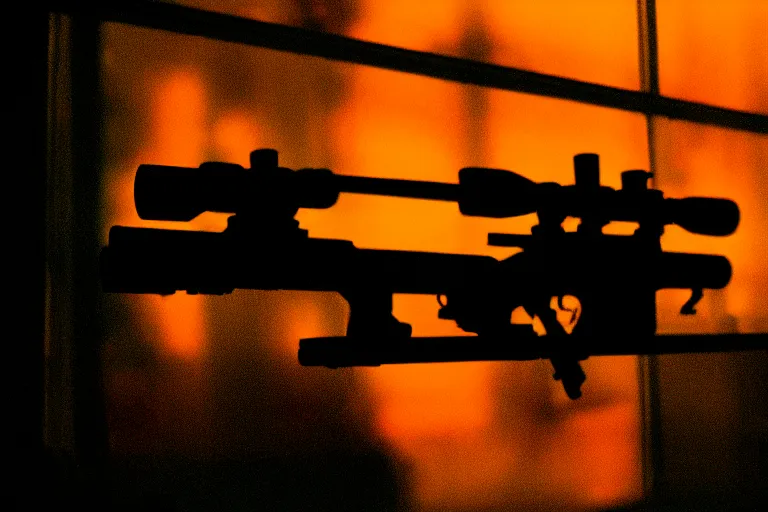 Image similar to film still of closeup futuristic sniper rifle sticking out window, cinematic, moody, gritty neon noir by emmanuel lubezki