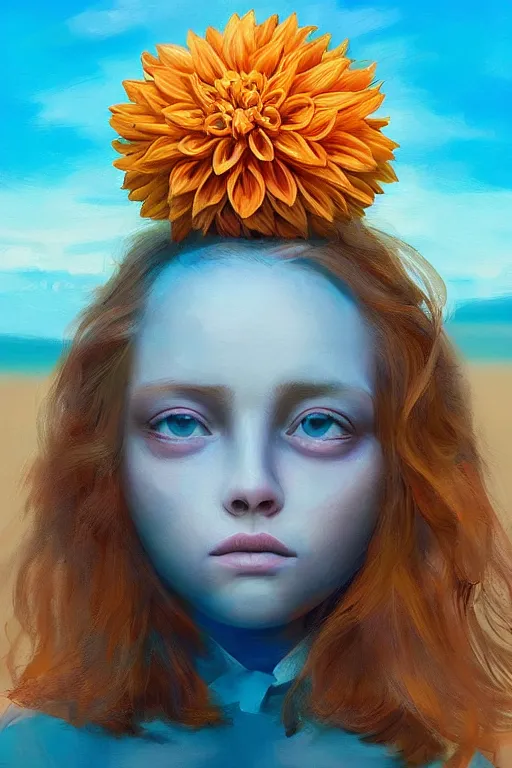 Image similar to closeup girl with huge dahlia flower face, on the beach, surreal photography, blue sky, sunrise, dramatic light, impressionist painting, digital painting, artstation, simon stalenhag