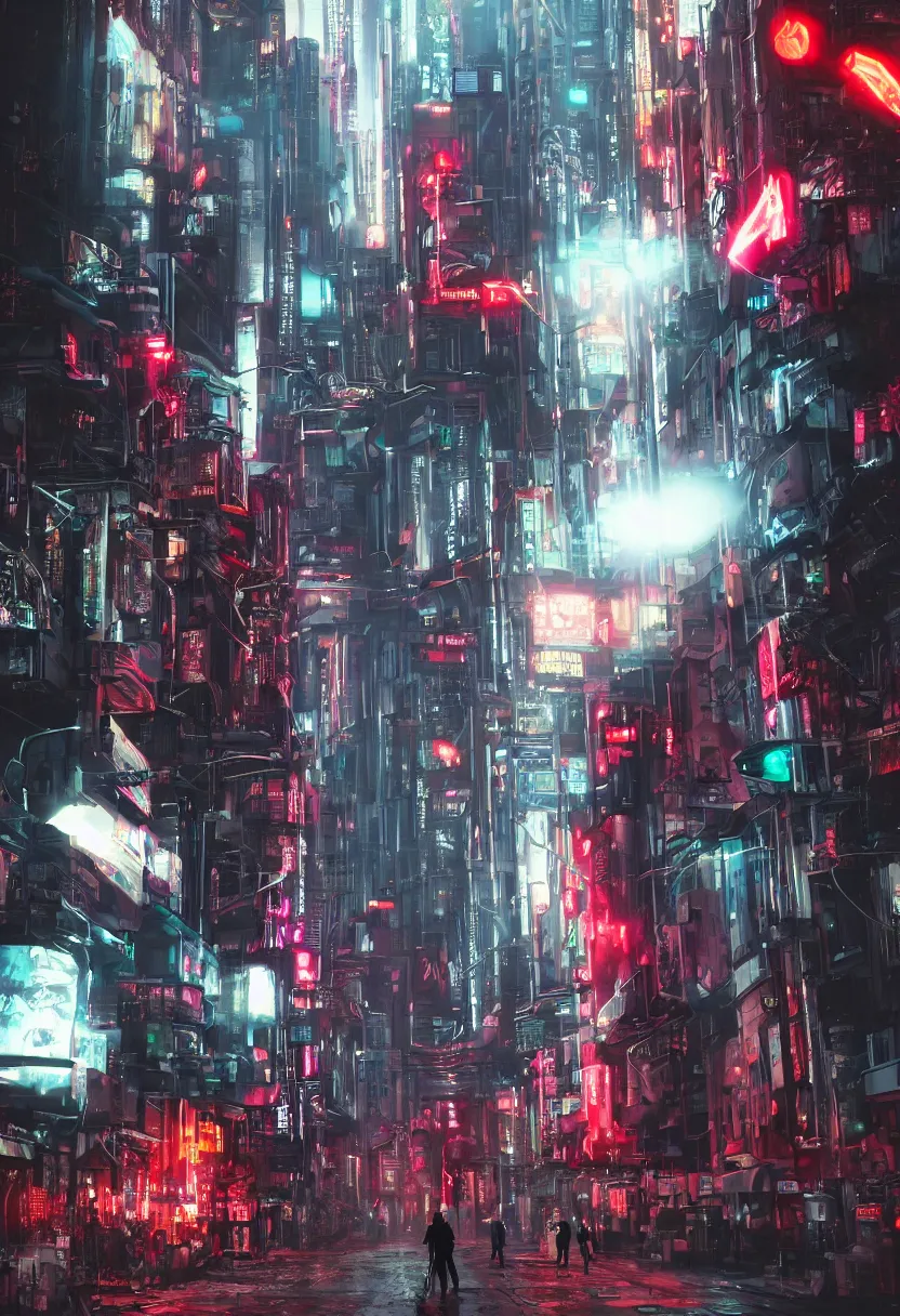 Prompt: man with augmented limbs, metal jaw, wearing a long trench coat, head slighty looking to the left, red glowing eyes, mantis blades on arms, in the middle of the street, cyberpunk, futuristic, neon lights, tall skyscrapers, rain coming down, people walking on sidewalks, neon signs blurred further out, ray tracing, photorealism, hyper - realistic,