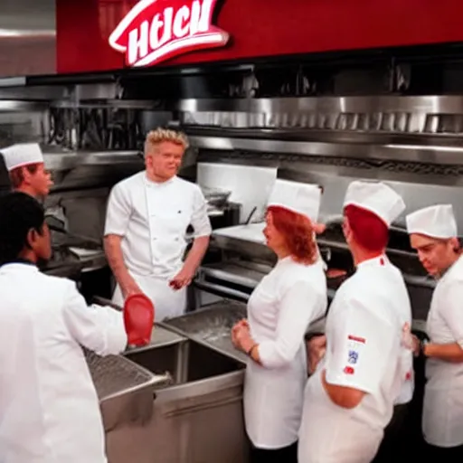 Prompt: gordon ramsay yelling at kfc employees on kitchen nightmares. the employees are lined up and in their kfc uniforms.