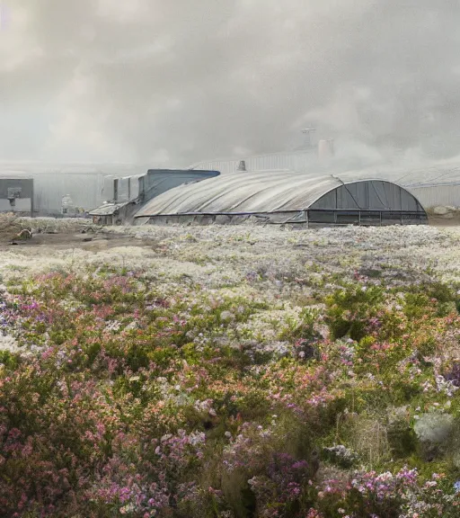 Prompt: a matte painting of a white 3 stepped biroremediation architecture, greenhouse in the mining tailings in the desert, prairie, cottage town, foggy, patchy flowers, oil painting, pale colors, high detail, 8 k, wide angle, trending on artstation, behance