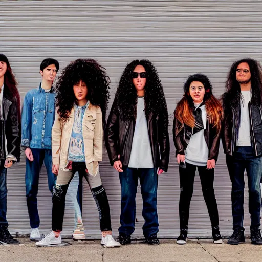 Image similar to Group of ethnically diverse 19-year-old boys and girls with long permed wavy brown hair and afros leather jacket and denim jeans, holding electric guitars, 2022, stoner rock, heavy rock, HD photography