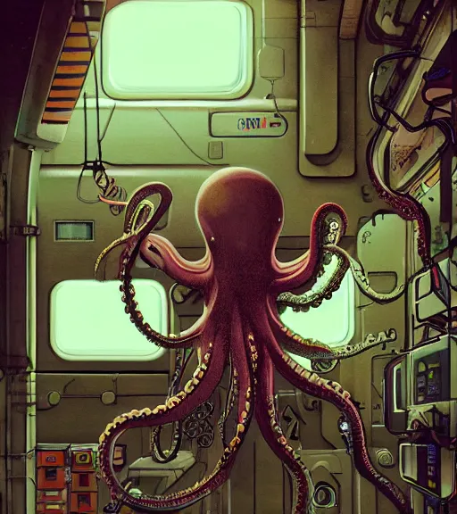 Prompt: a cybernetic realistic octopus in a space station, techwear, Industrial Scifi, detailed illustration, character portrait, graffiti style, by Martin Grip and Moebius