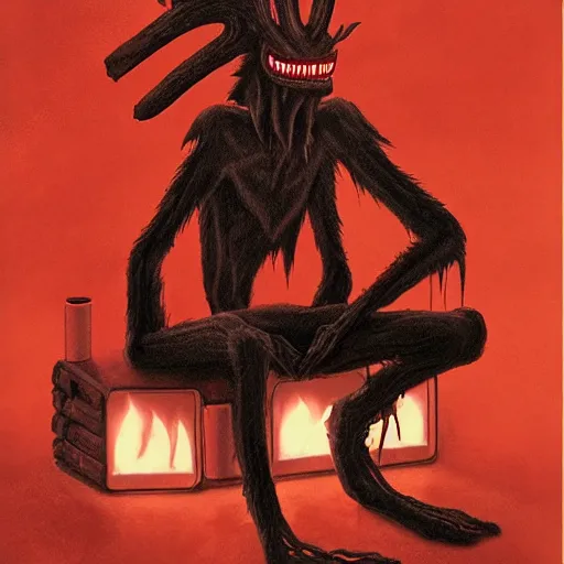 Image similar to candid night time photograph of a wendigo sitting down and smoking Marlboro Red cigarettes, wearing full leather gear