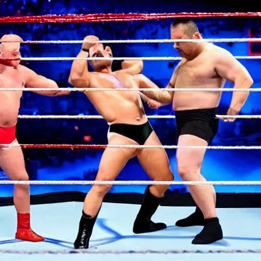 Prompt: stable diffusion versus DALL·E versus Midjourney triple threat match with disco diffusion as a special referee in a wwe wrestling ring