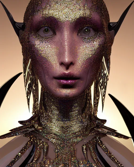 Image similar to a highly detailed metahuman 4 k close up render of an alien goddess bella hadid as alien in iris van herpen dress schiaparelli in diamonds crystals swarovski and jewelry iridescent in style of alphonse mucha gustav klimt trending on artstation made in unreal engine 4