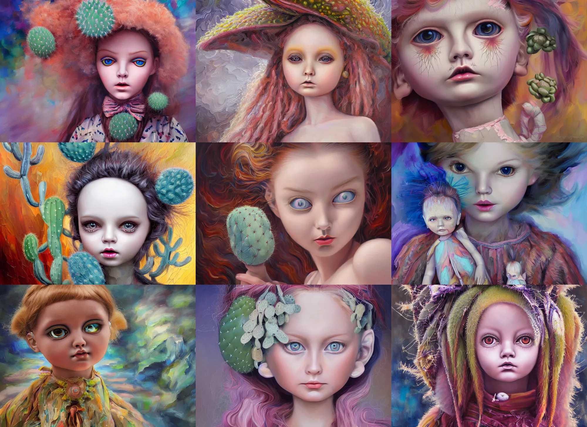 Prompt: cute stylish porcelain doll portrait, peyote cactus desert, oil painting of gloomy abstract surrealist forms by yvonne mcgillivray by mandy jurgens by michael divine, powerful eyes glowing highly detailed painting of gloomy, spiritual abstract forms, symmetrical, artstation, abstract emotional rage expression, fantasy digital art, patterned visionary art, by michael divine, cosmic nebula