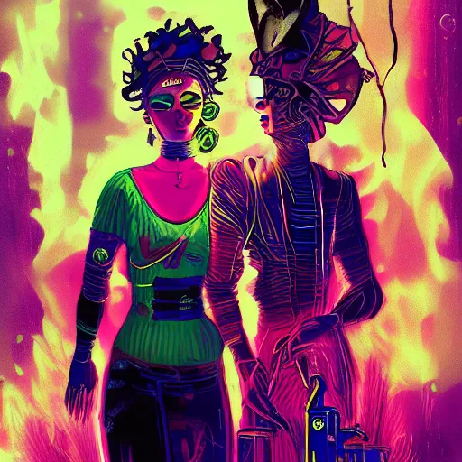 Image similar to tarot card of the lovers, cyberpunk theme, digital painting, artstation award winning, high contrast, black background with vivid colours