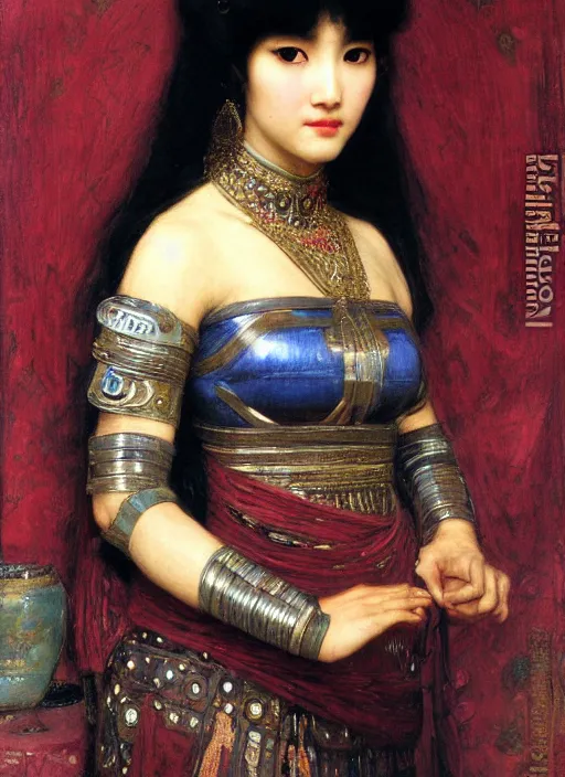 Image similar to beautifull asian queen cyborg with bangs curly Iranian orientalist portrait by john william waterhouse and Edwin Longsden Long and Theodore Ralli and Nasreddine Dinet, oil on canvas. Cinematic, hyper realism, dramatic lighting, high detail 4k