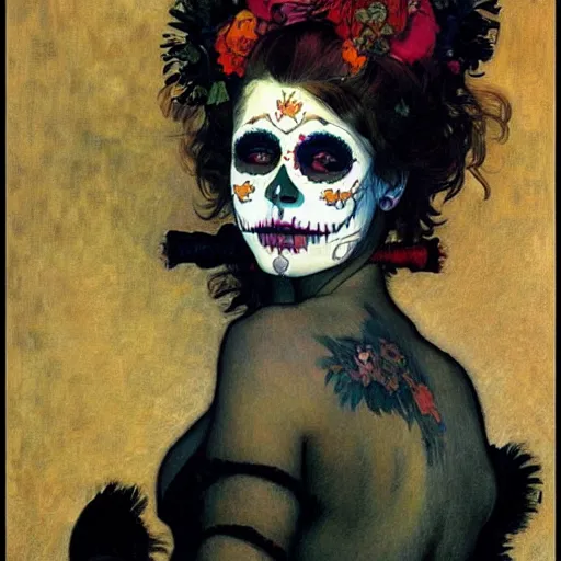 Prompt: realistic detailed painting of a cute punk Día de los Muertos girl by Henri de Toulouse-Lautrec Alphonse Mucha Egon Schiele Ayami Kojima Amano Charlie Bowater, masterpiece