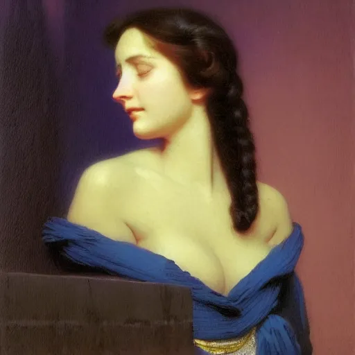 Image similar to a young woman's face, her hair is white and she wears an indigo blue satin cloak, by ivan aivazovsky and syd mead and moebius and gaston bussiere and roger dean and pieter claesz and paul delaroche and alma tadema and aelbert cuyp and willam claesz, hyperrealistic, volumetric light, octane render