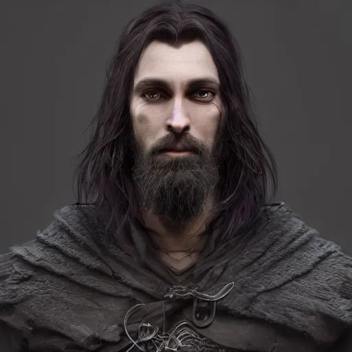 Image similar to a highly detailed portrait of a man with purple eyes, light gray long hair, beardless, no beard, wearing a black cloak, artstation, DeviantArt, professional, octane render