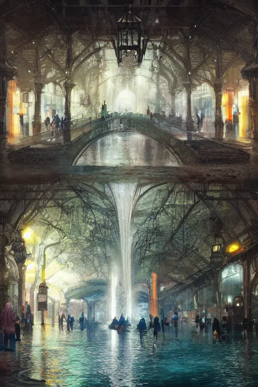 Image similar to An urban train rides inside of a waterway on a fantasy city, next to a fountain and a mystical palace,, waterfall, intricate, elegant, volumetric lighting, digital painting, highly detailed, artstation, sharp focus, illustration, concept art, ruan jia, steve mccurry