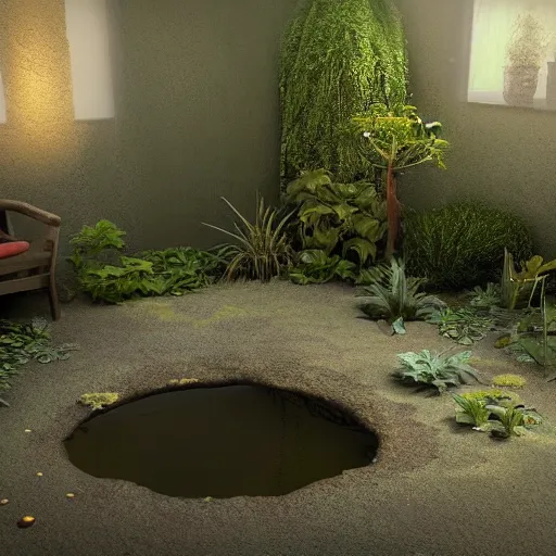 Image similar to a garden with a small pond inside an empty room, atmospheric lighting, octane render, unreal engine, 8 k