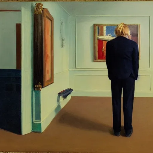 Image similar to a fine art portrait of british prime minister boris john wearing a tracksuit. in the style of edward hopper, richard hamilton and stanley kubrick.