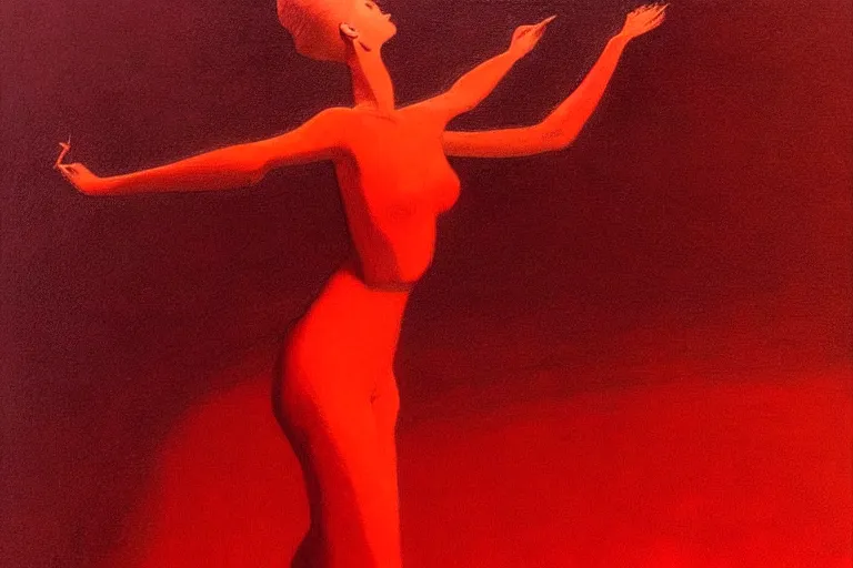 Image similar to only with red, a woman dances, tokio, in the style of beksinski, parts by edward hopper, parts by rodcenko, parts by yue minjun, intricate and epic composition, red by caravaggio, insanely quality, highly detailed, masterpiece, red light, artstation, 4 k