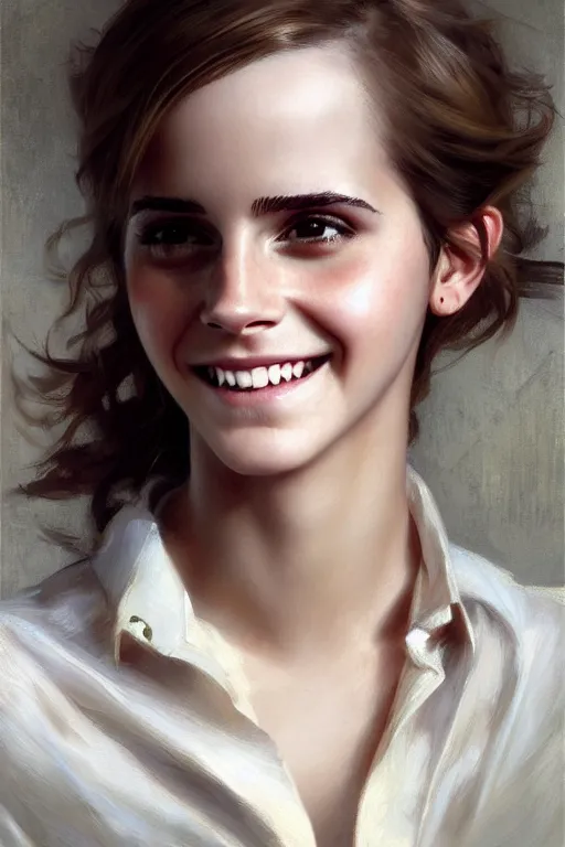 Image similar to emma watson smiling gathered faille v - neck detailed portrait painting by gaston bussiere craig mullins j. c. leyendecker award winning photograph photorealsitic octane render