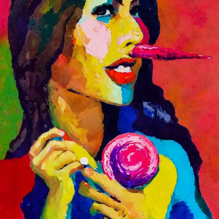 Image similar to portrait of beautiful woman licking a lollipop painted with colorful gouache impasto