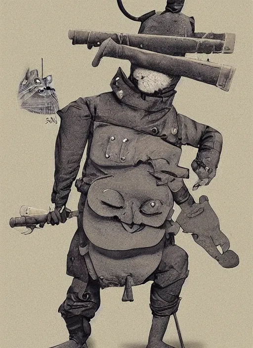 Image similar to a character illustration of an anthropomorphic cat soldier, a 3 d render of an anthropomorphic cat soldier, stephen gammell, by jack gaughan, by george ault, by victo ngai