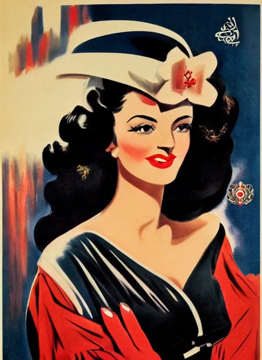 Image similar to beautiful and glamorous arab black-haired woman, 1940s propaganda poster, full hd,highly detailed