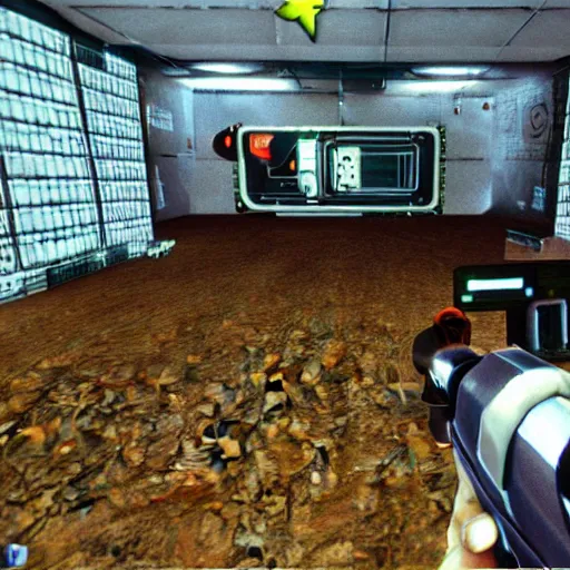 Image similar to first - person shooter, sci - fi first - person - shooter on nintendo 6 4, 1 9 9 9 graphics, low poly graphics, crt tv