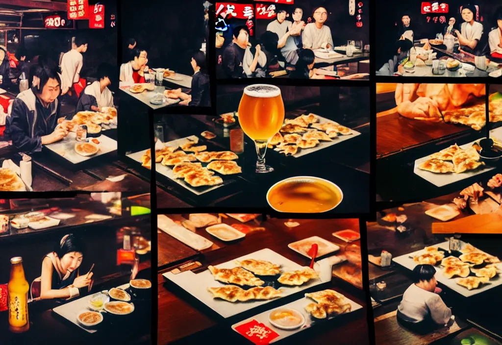 Image similar to night crowd eating gyoza and drinking beer at a nighttime izakaya in shinbashi tokyo, japan, a collage painting, in the style of wes anderson, lola dupre, david hockney, isolated on negative white space background dark monochrome fluorescent neon spraypaint accents volumetric octane render